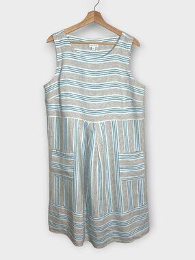 J Jill Love Linen Dress L White Stripe Sleeveless Pockets Summer Resortwear